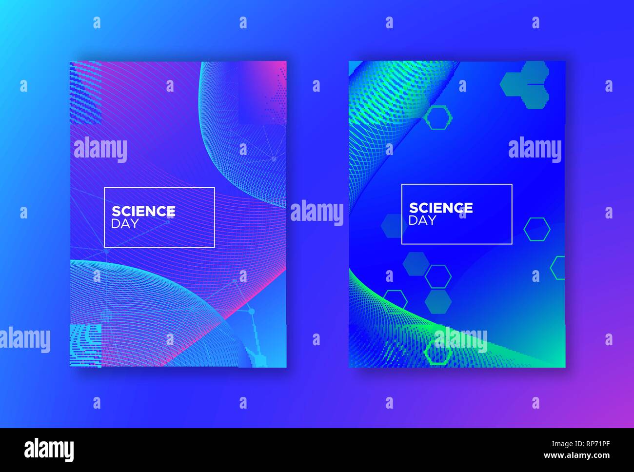 Giornata della scienza sfondo astratto set. Blu e rosa gradiente dello sfondo con forme geometriche per la ricerca scientifica del concetto. Illustrazione Vettoriale
