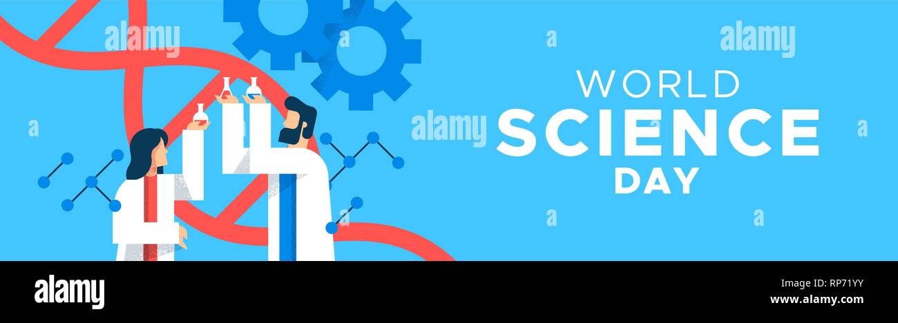 La scienza del mondo giorno banner web illustrazione di un uomo e di una donna gli scienziati in appartamento moderno in stile cartoon per l educazione scientifica concetto. Illustrazione Vettoriale