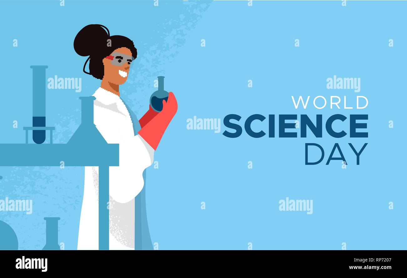 World Science Day card illustrazione dello scienziato donna in appartamento moderno in stile cartoon per l educazione scientifica concetto. Illustrazione Vettoriale