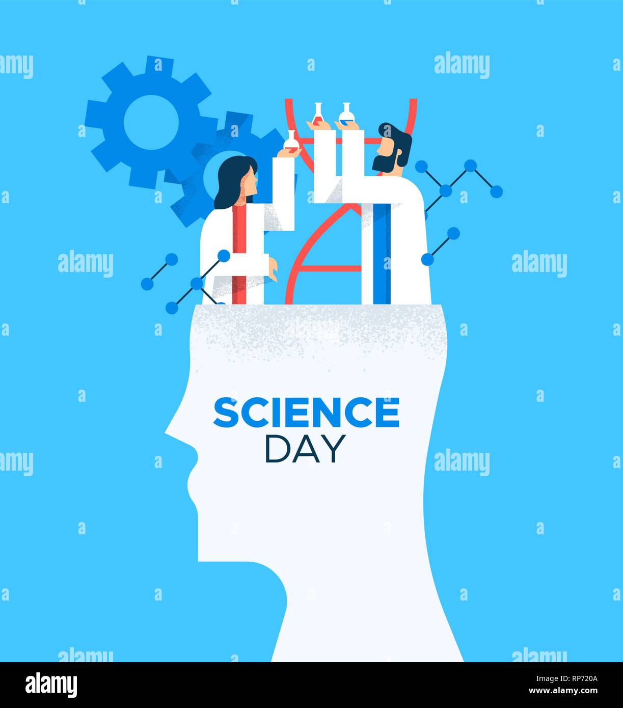 World Science Day card illustrazione di un uomo e di una donna gli scienziati in appartamento moderno in stile cartoon per l educazione scientifica concetto. Illustrazione Vettoriale
