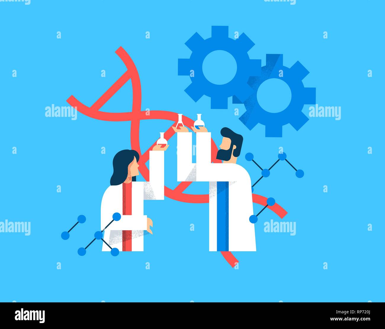 Il concetto di scienza illustrazione di un uomo e di una donna gli scienziati in appartamento moderno in stile cartoon per l educazione scientifica concetto. Illustrazione Vettoriale