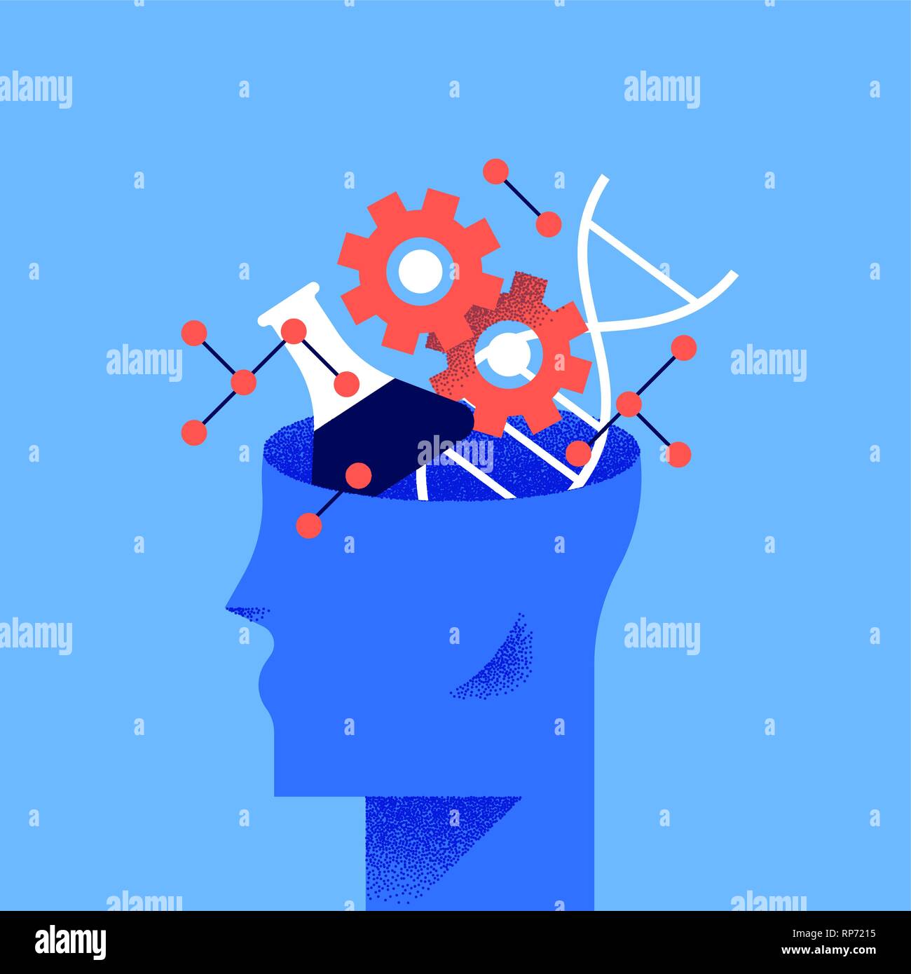 Il concetto di istruzione illustrazione in appartamento moderno in stile cartone animato. Testa umana con la scienza, la chimica e la biologia strumenti all'interno. Illustrazione Vettoriale