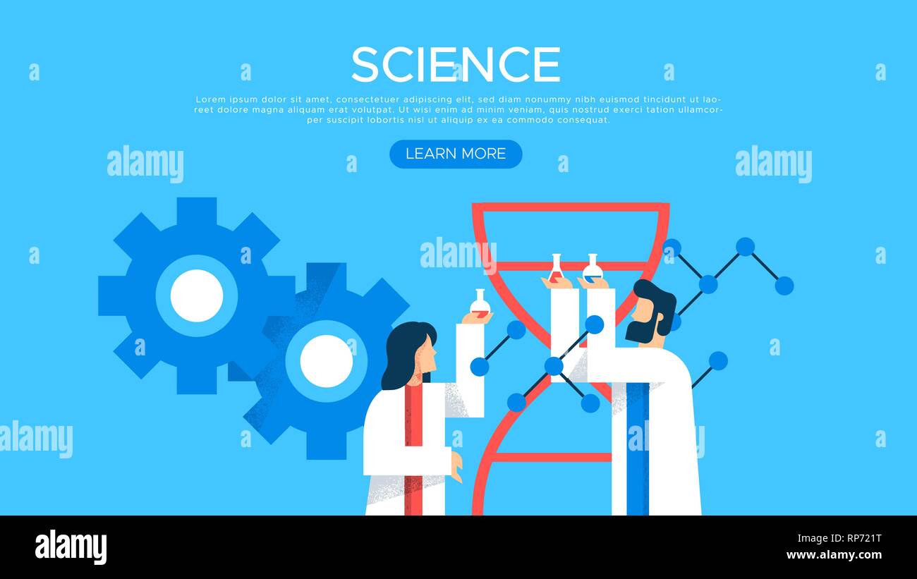 Science web landing page con modello lab Ricerca persone. L uomo e la donna gli scienziati in appartamento moderno in stile cartoon per l educazione scientifica concetto. Illustrazione Vettoriale