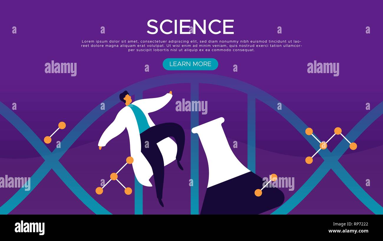 Science web landing page modello con uomo scienziato e chimica pallone in appartamento moderno in stile cartoon per l educazione scientifica concetto. Illustrazione Vettoriale