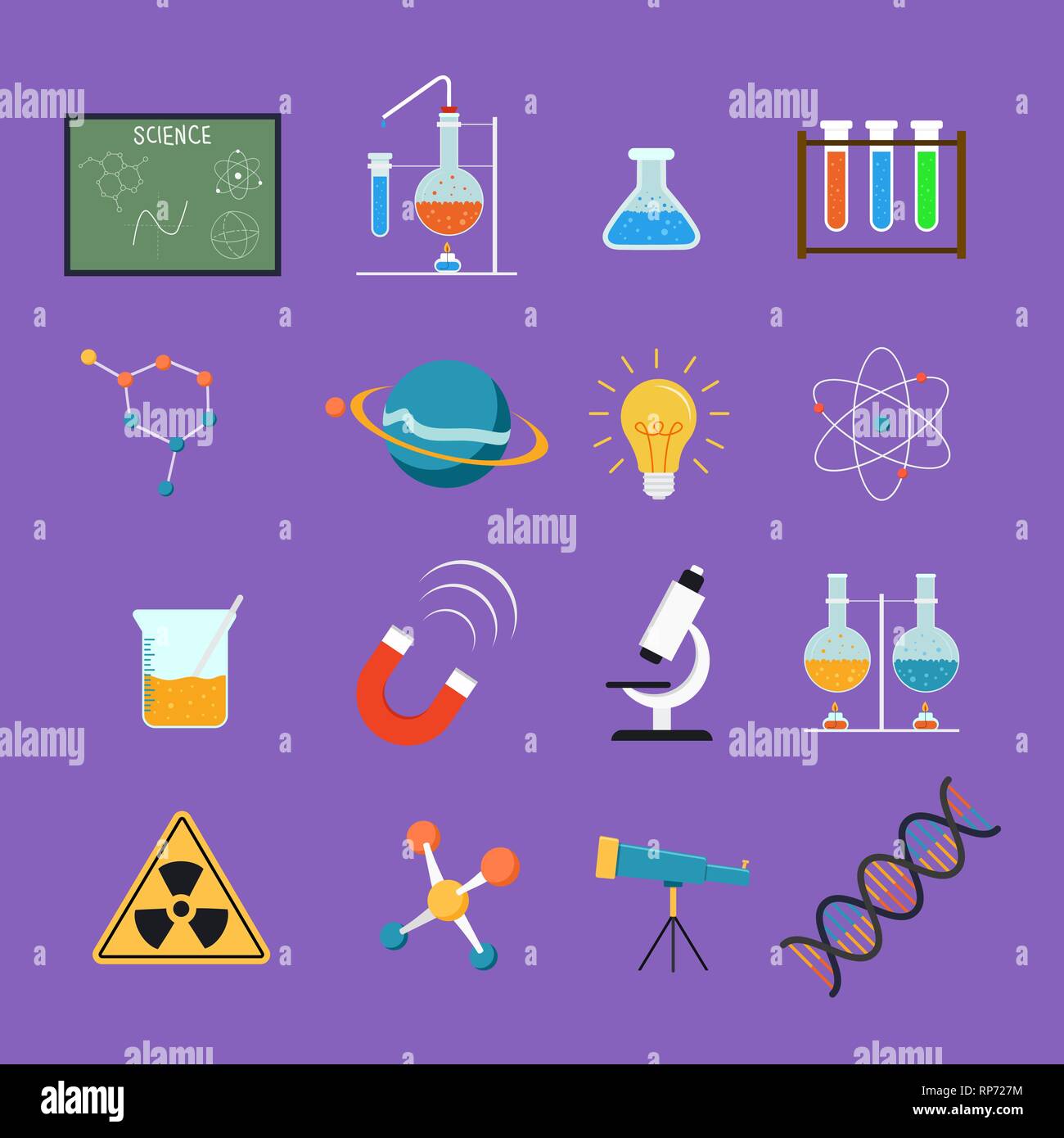 Scienza colorati icon set di istruzione e di ricerca concetto del design collection. Include il microscopio, strumenti scientifici, pallone di chimica, di laboratorio e di ricerca Illustrazione Vettoriale