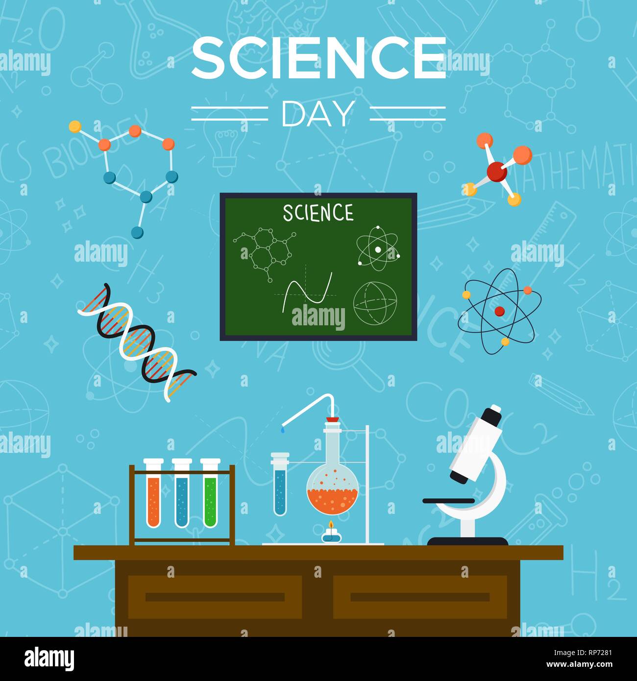 La scienza giorno greeting card illustrazione del banco di scuola con gli strumenti scientifici per il concetto di istruzione. Illustrazione Vettoriale