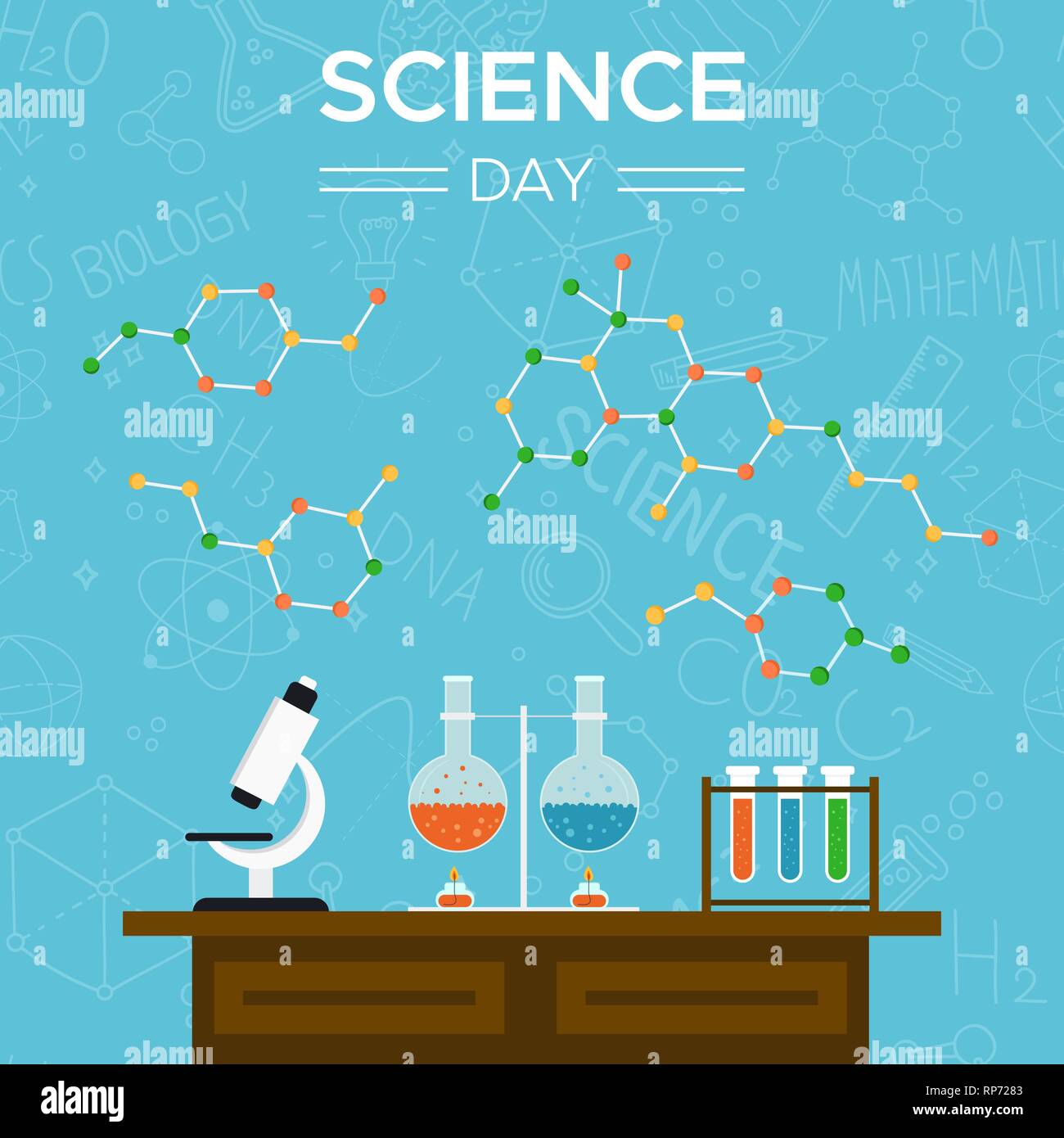 La scienza giorno greeting card illustrazione del banco di scuola con gli strumenti scientifici per il concetto di istruzione. Illustrazione Vettoriale