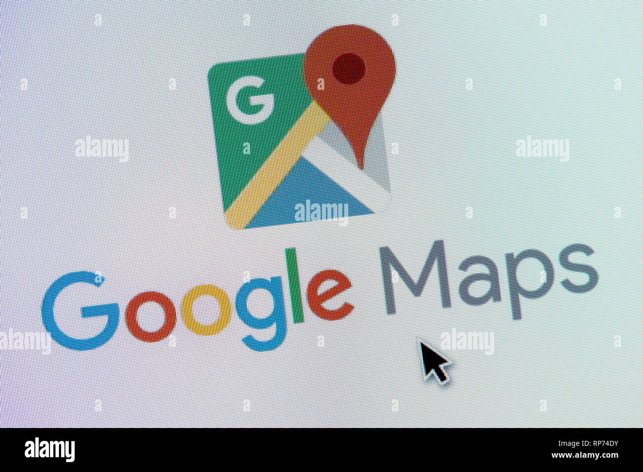 Il logo di Google Maps è visibile sullo schermo di un computer insieme con un cursore del mouse (solo uso editoriale) Foto Stock