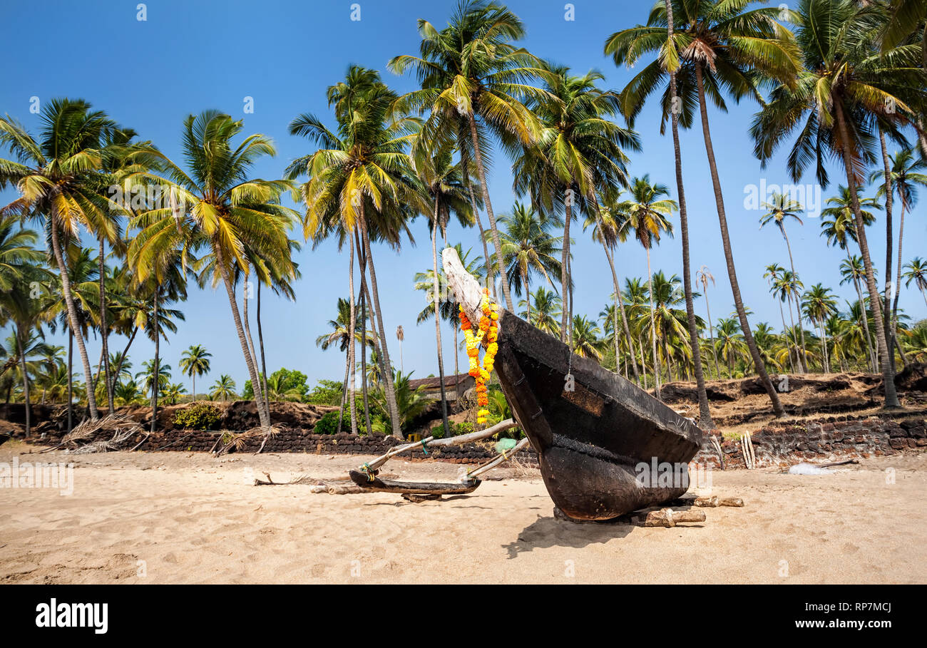 Fisherman barca e palme Cola beach in Goa, India Foto Stock