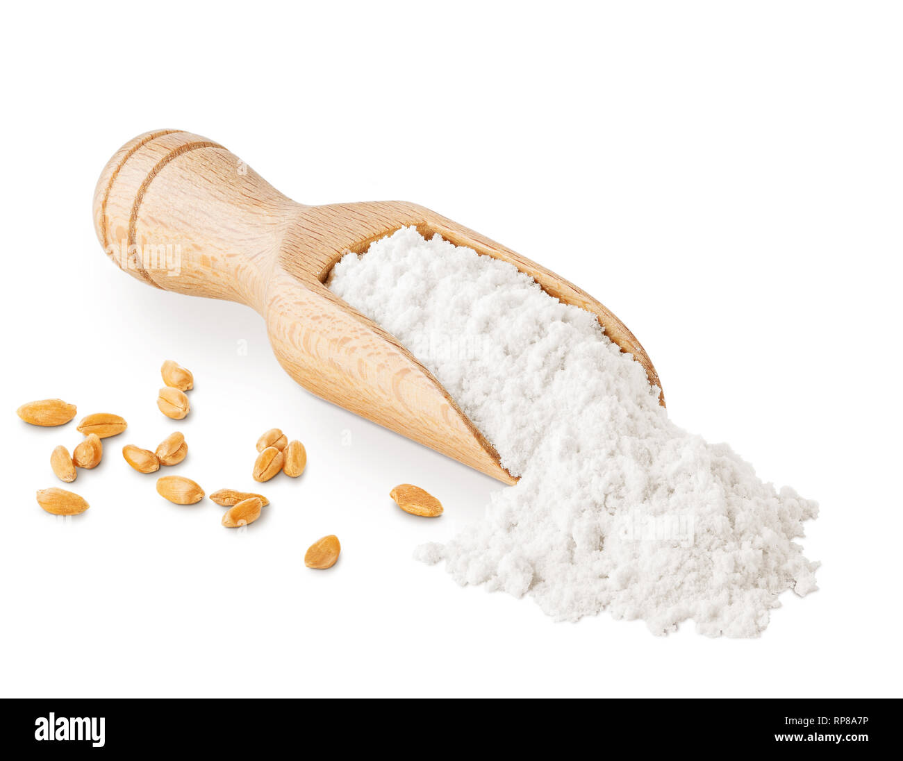 Cucchiaio di farina di grano isolato su bianco Foto Stock