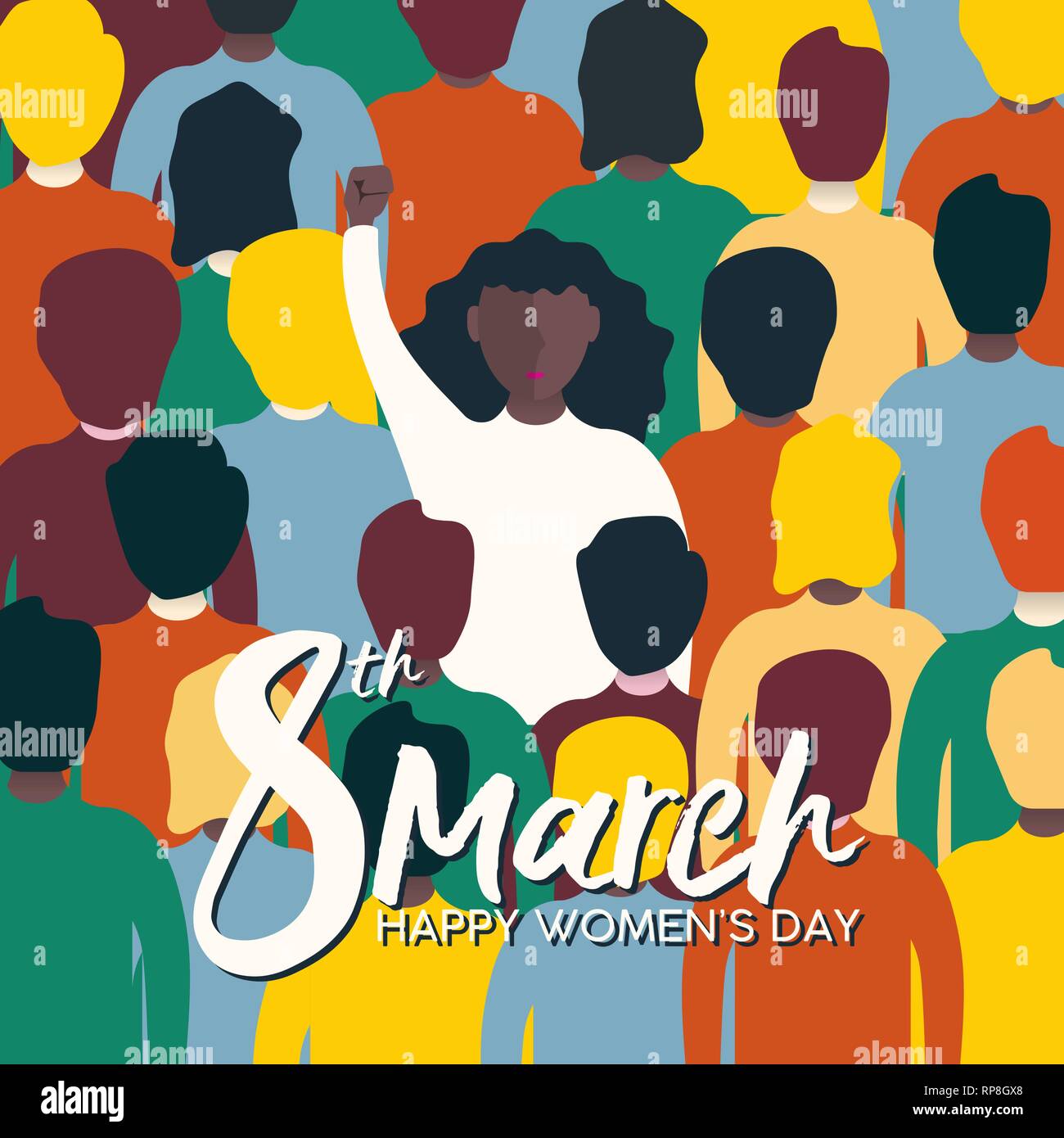 Womens giorno 8 marzo illustrazione per i diritti delle donne il concetto di potenza. African donna americana leader diversi gruppo alla protesta pacifica. Illustrazione Vettoriale