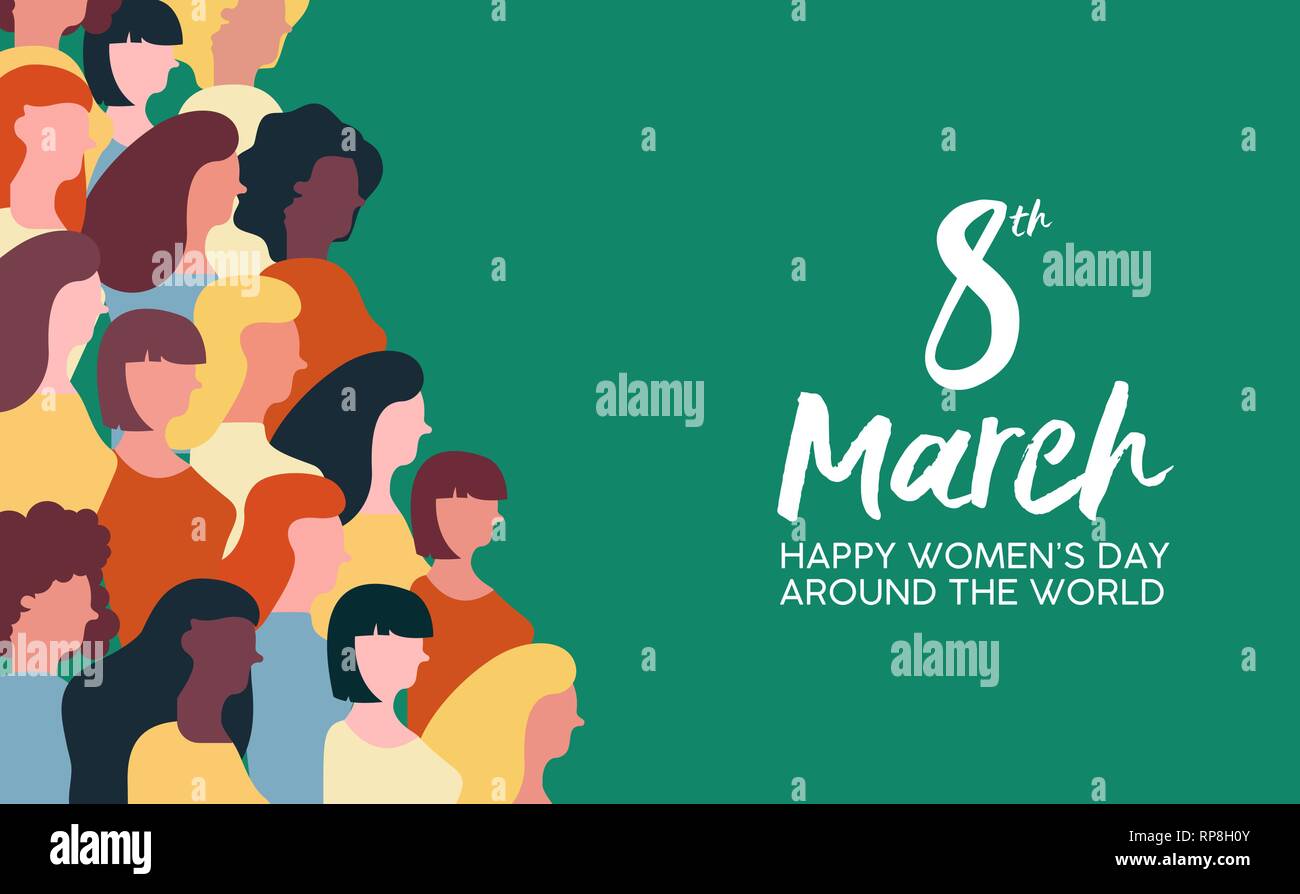 Felice Womens giorno illustrazione del 8 marzo Celebrazione. Gruppo di Donne in marcia insieme per la parità dei diritti di sostegno. Illustrazione Vettoriale