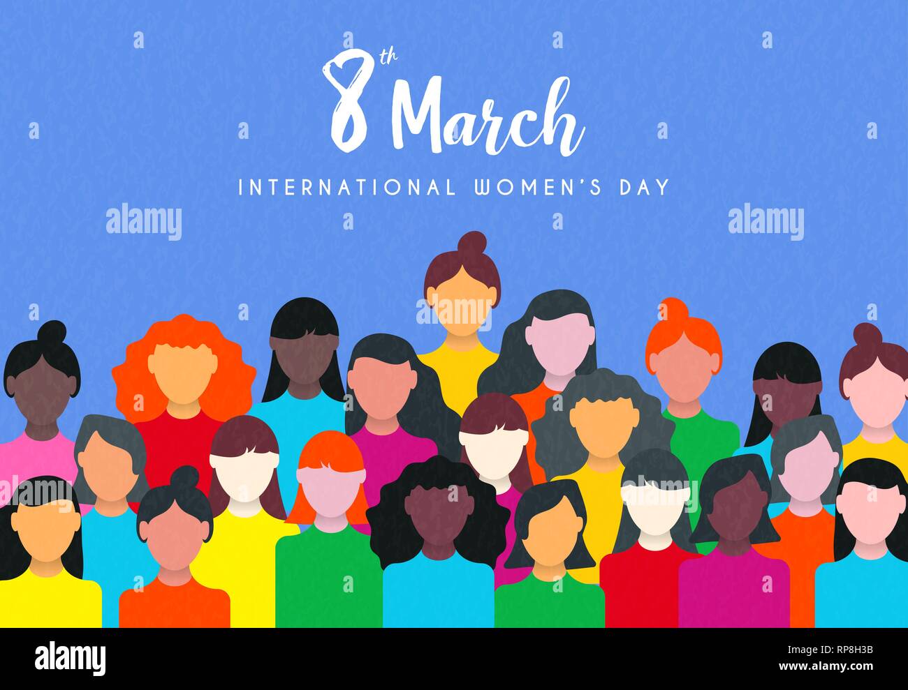 Felice Womens giorno illustrazione del 8 marzo Celebrazione. Gruppo di Donne in marcia insieme per la parità dei diritti di sostegno. Illustrazione Vettoriale