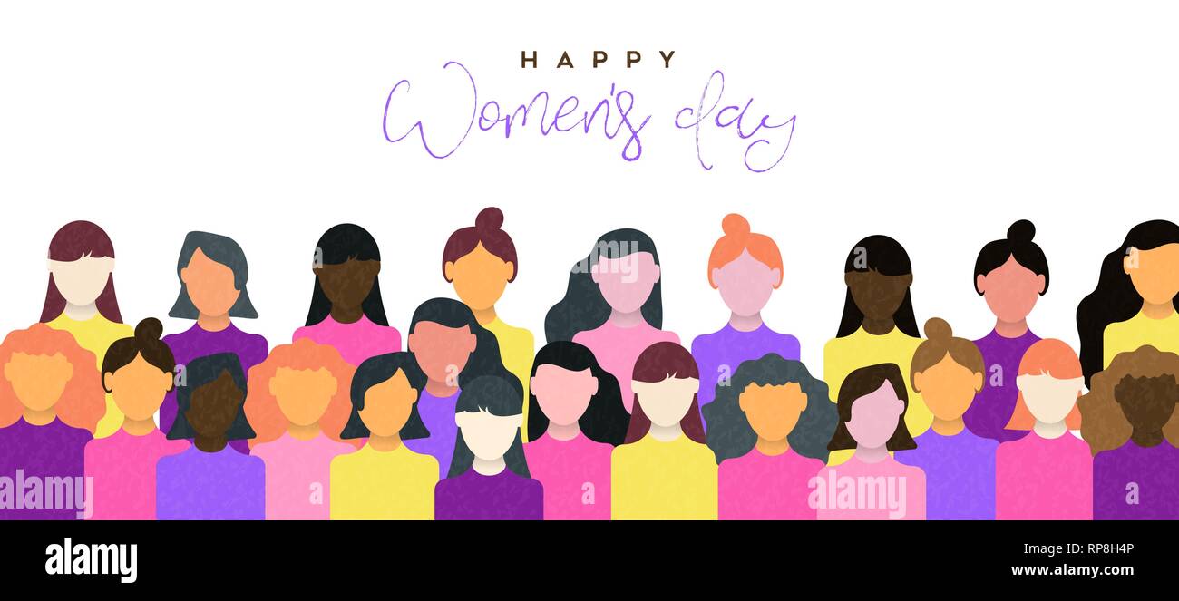 Felice Womens giorno illustrazione del 8 marzo Celebrazione. Le donne insieme della Comunità per la parità dei diritti di sostegno. Illustrazione Vettoriale