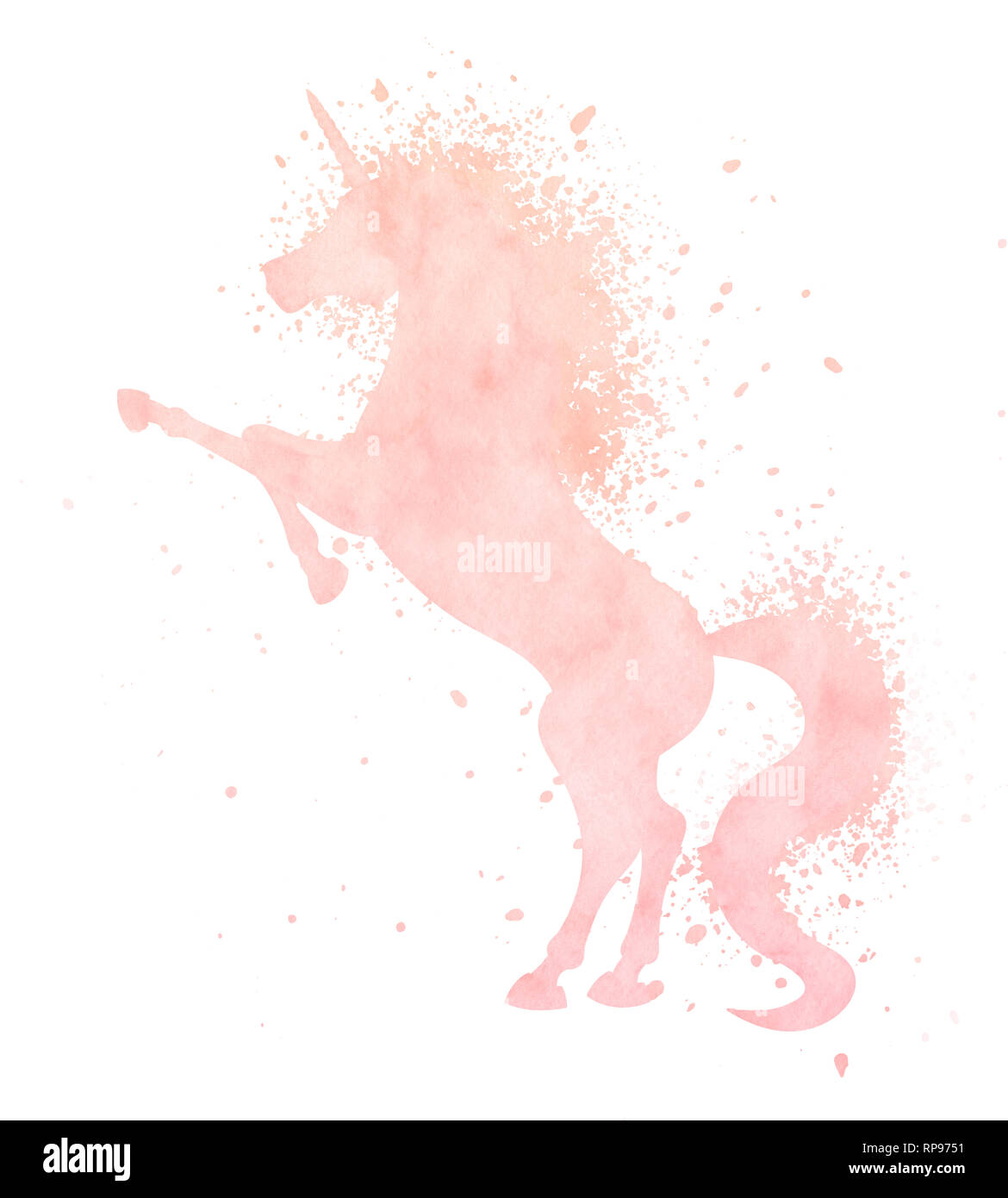 Acquerello unicorn silhouette pittura con texture splash isolati su sfondo bianco. Carino rosa magia creatura illustrazione. Foto Stock