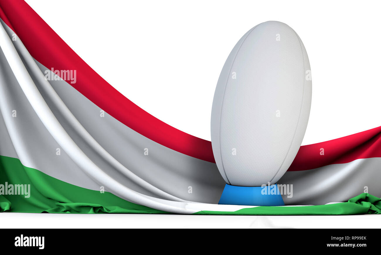 Ungheria bandiera con il rugby sport palla. Il rendering 3D Foto Stock