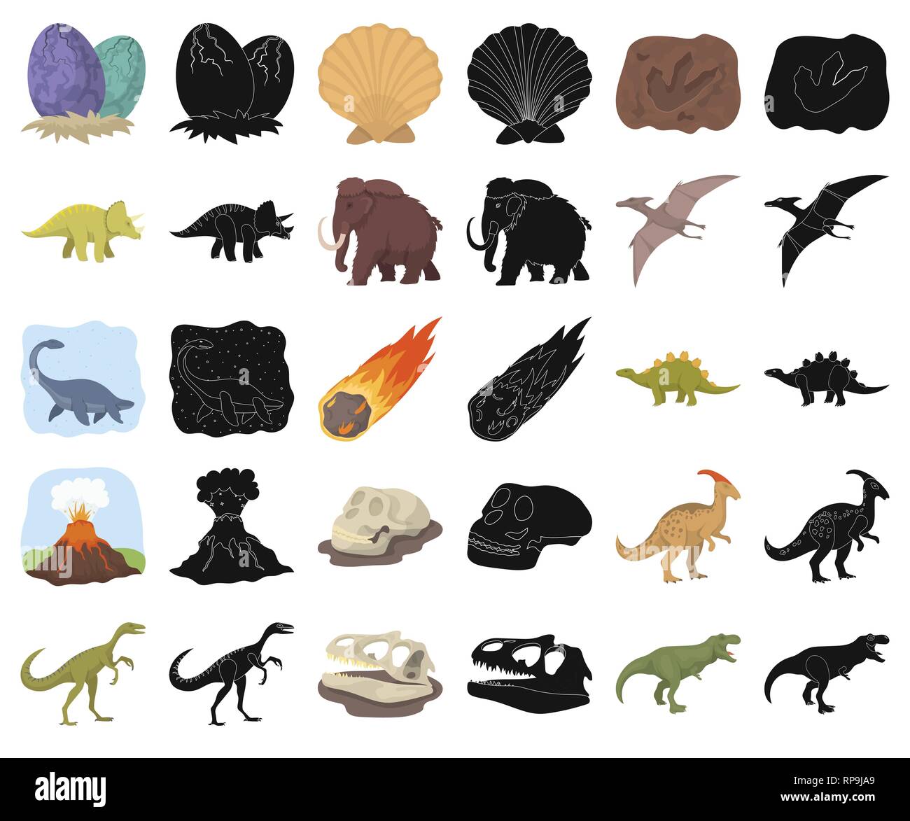 L'età,animale,antichità,l'arte,cartoon,Black,raccolta,design,dinosauro,dinosauri,l'uovo,eruzione,l'estinto,fiamma,footprint,fossili,gallimimus,erbivoro,uomo,icona,immagine,isolato,jurassic,logo,mammifero,mammoth,meteorite,parasaurolophus,periodo,impianto,preistoria,pterodactyloidea,rimane,rock,mare,seashell,impostare,segno,stegosaurus,pietra,il simbolo,triceratops,tirannosauro,vettore,vulcano,web vettori vettore , Illustrazione Vettoriale