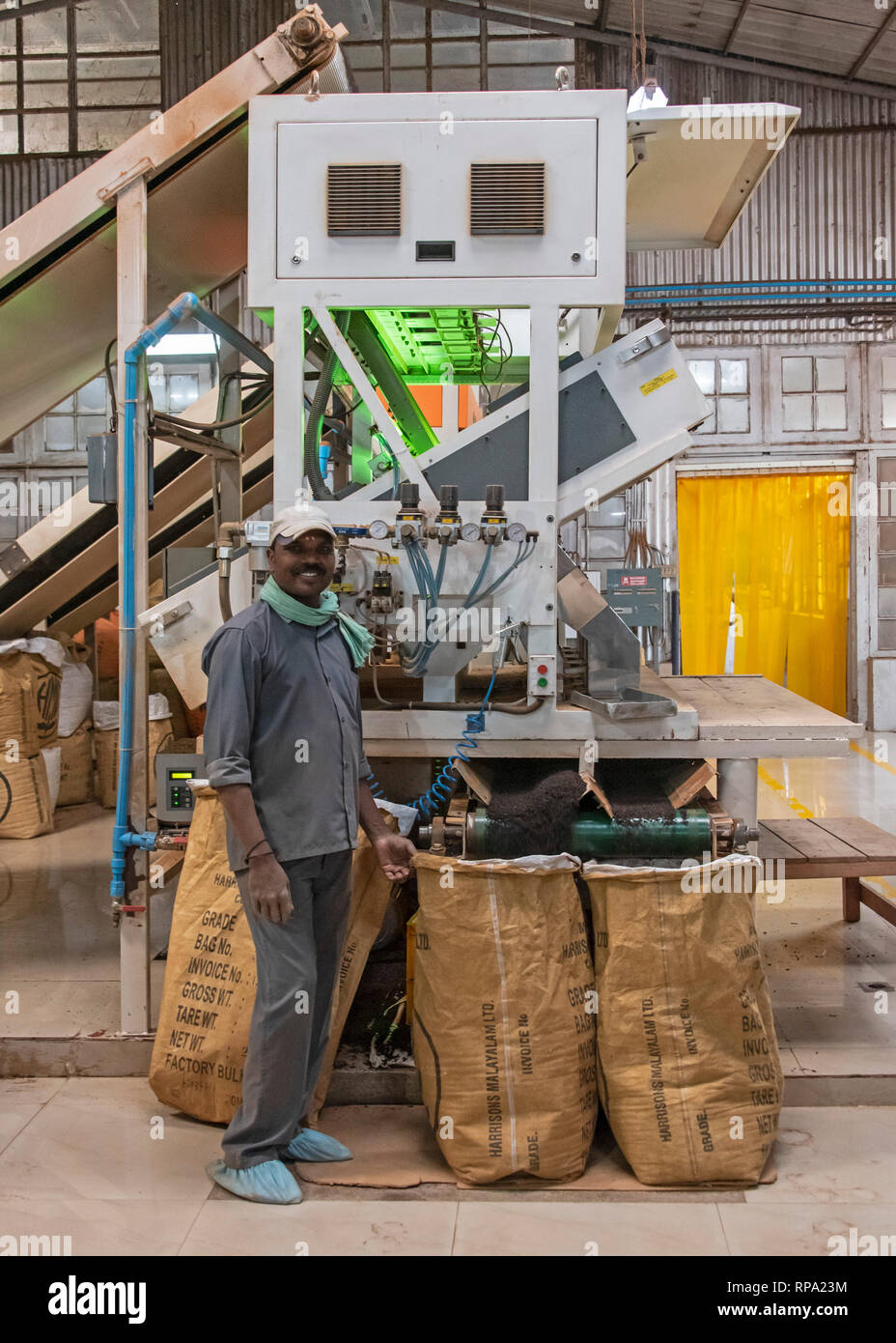 Un lavoratore a lavorare in Lockhart tea factory utilizzando nuove macinery sorridente in posa per la fotocamera. Foto Stock