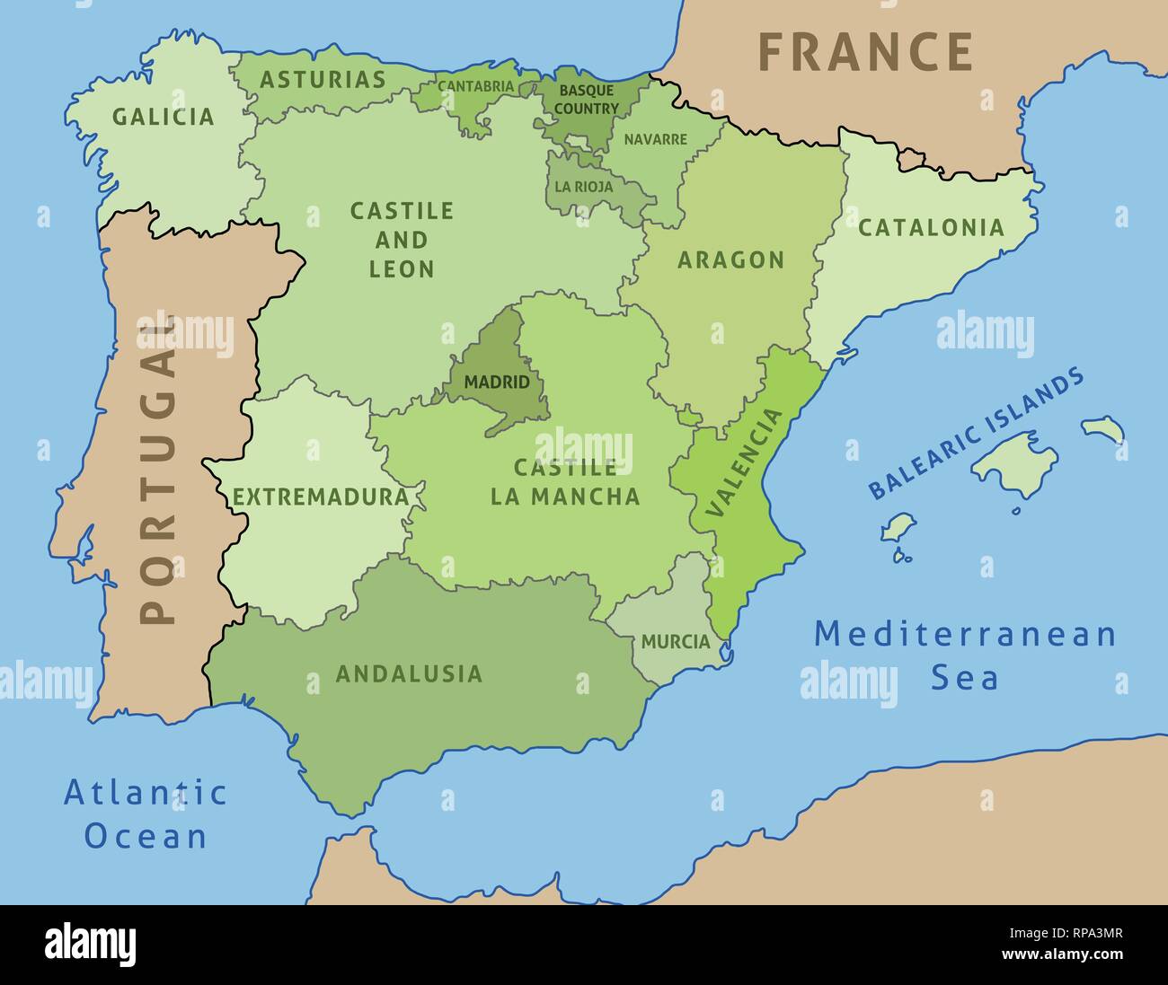 Mappa di Spagna. Profilo illustrazione mappa del paese delle comunità autonome. Illustrazione Vettoriale
