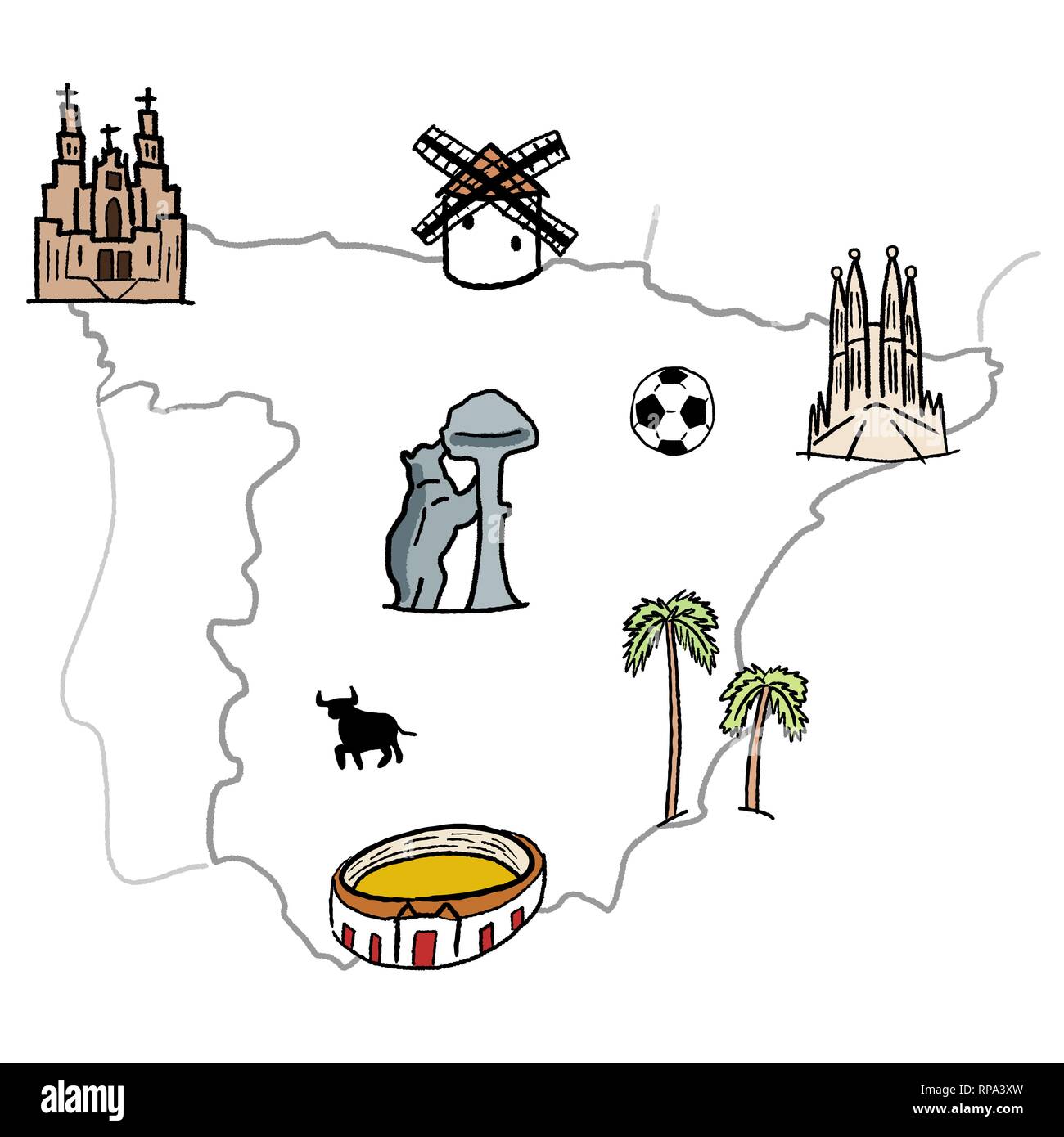 Spagna mappa dei punti di riferimento - molto carino doodle grafica vettoriale con Madrid e Barcellona, Santiago de Compostela, Siviglia e il calcio. Illustrazione Vettoriale