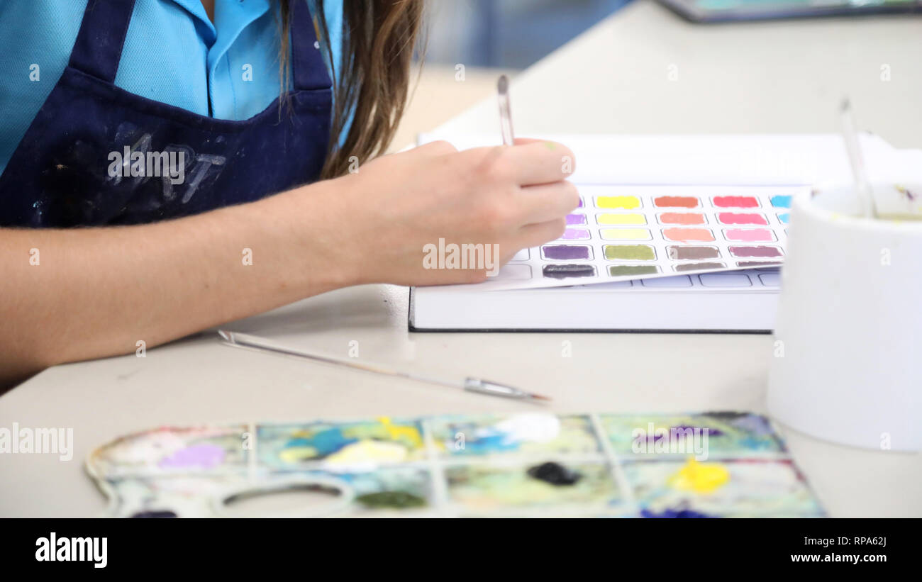 Gli studenti che lavorano nella loro arte visiva diari di processo di esplorazione di sperimentare con la teoria dei colori. Pittura in cartelle di lavoro. Arti Creative Education concep Foto Stock