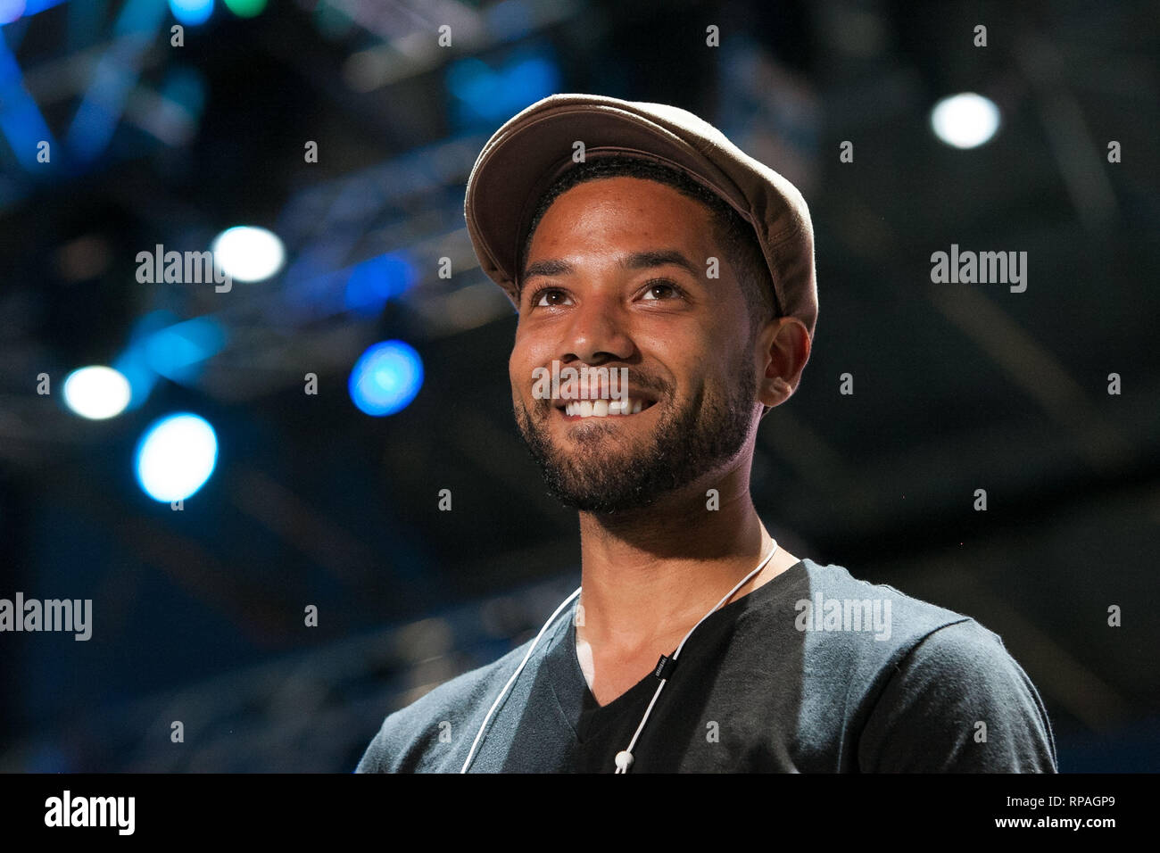 ***FILE FOTO*** Jussie Smollett arrestati per il crimine condotta disordinata per il deposito di un falso rapporto di polizia. Giardini di Miami, FL - marzo 22: Jussie Smollett assiste il 2015 decimo annuale Jazz nei giardini presso il Sun Life Stadium giardini di Miami, Florida, 22 marzo 2015. Foto di Aaron Gilbert/MediaPunch Foto Stock
