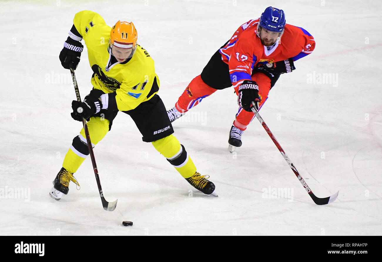 Jilin. Il 21 febbraio, 2019. Ibatullin Ruslan (L) del Saryarka compete durante una partita tra Tsen Tou e Saryarka su Silk Road sommo Hockey League nella città di Jilin del nord-est della Cina di provincia di Jilin, Feb 21, 2019. Credito: Lin Hong/Xinhua/Alamy Live News Foto Stock