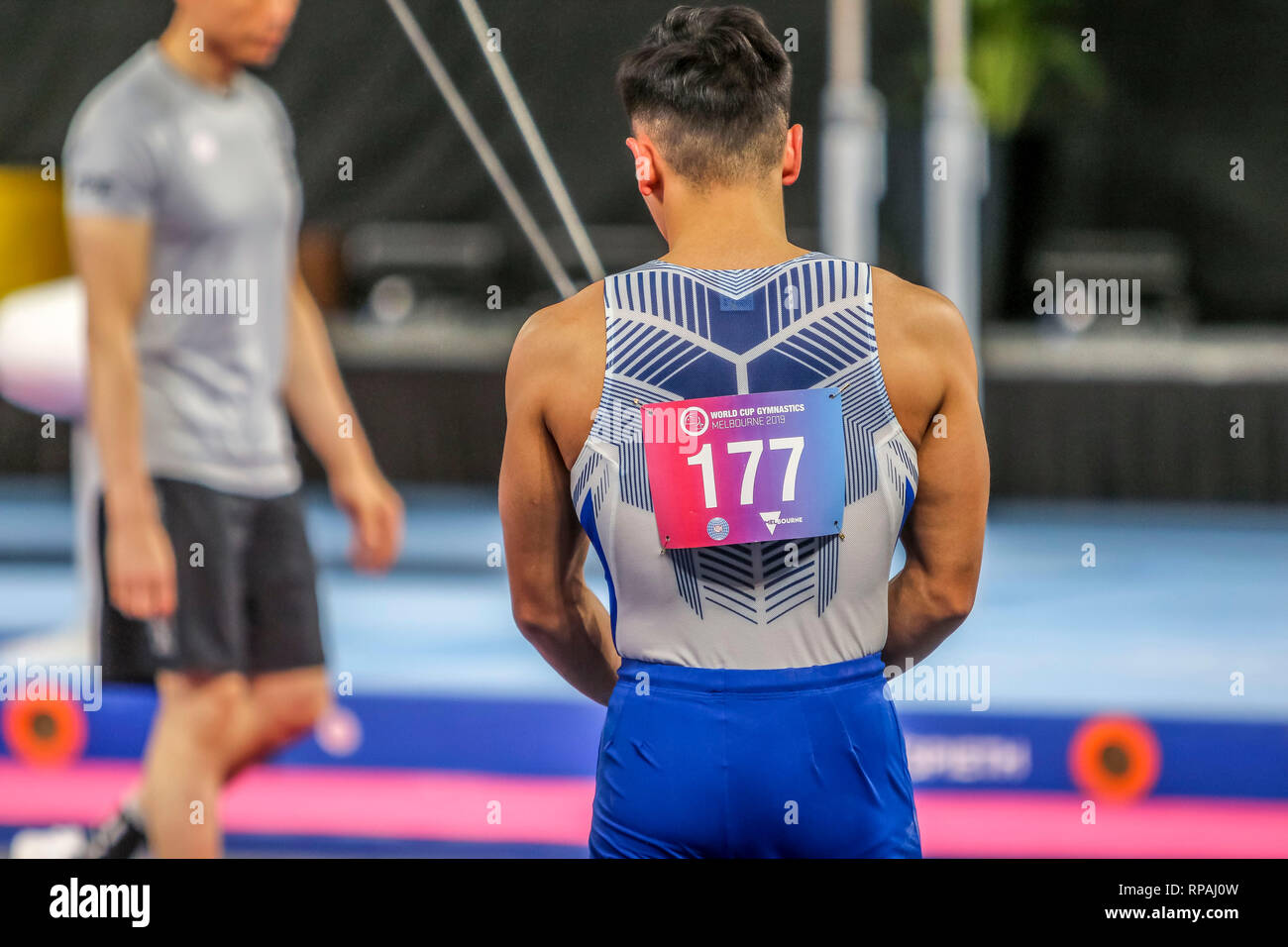 Melbourne, Victoria, Australia. 21 feb 2019. Gymnastics World Cup - GIORNO Una qualifica - 21 Febbraio 2019 - Melbourne Arena, Melbourne, Victoria, Australia.Anelli Shilh concorrente - Tung appeso in rappresentanza di TPE durante la sua routine. Credito: Brett keating/Alamy Live News Foto Stock