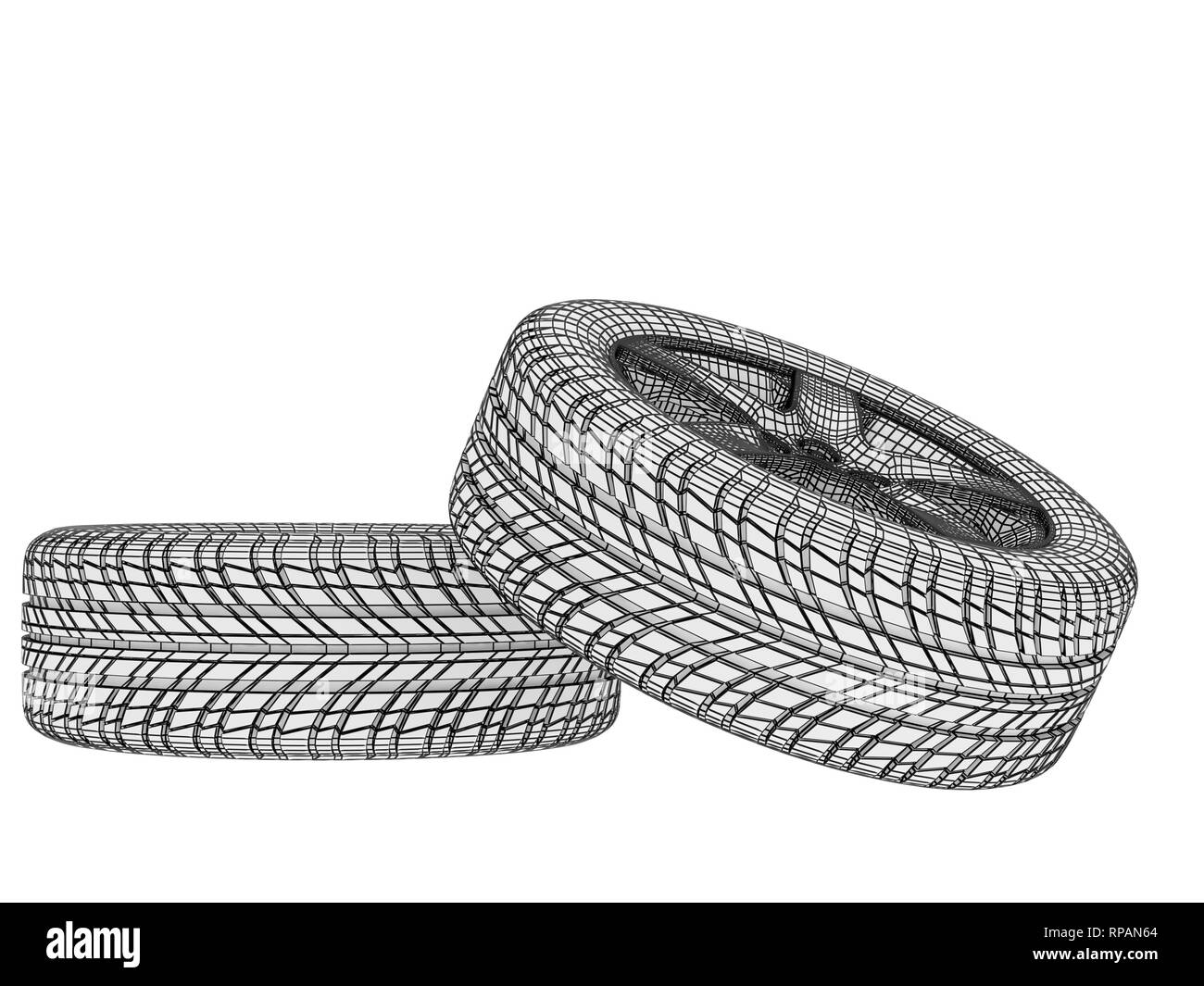 Nuovi pneumatici impilati e isolato su sfondo bianco. Foto Stock