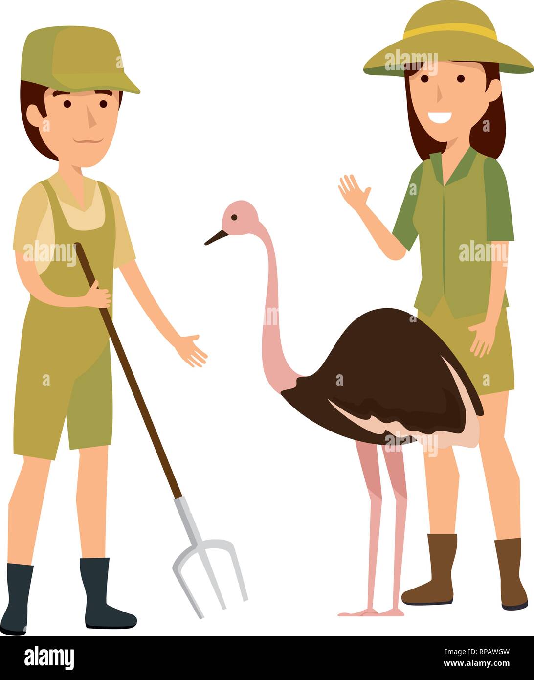 Paio di lavoratori zoo con ostrich illustrazione vettoriale design Illustrazione Vettoriale