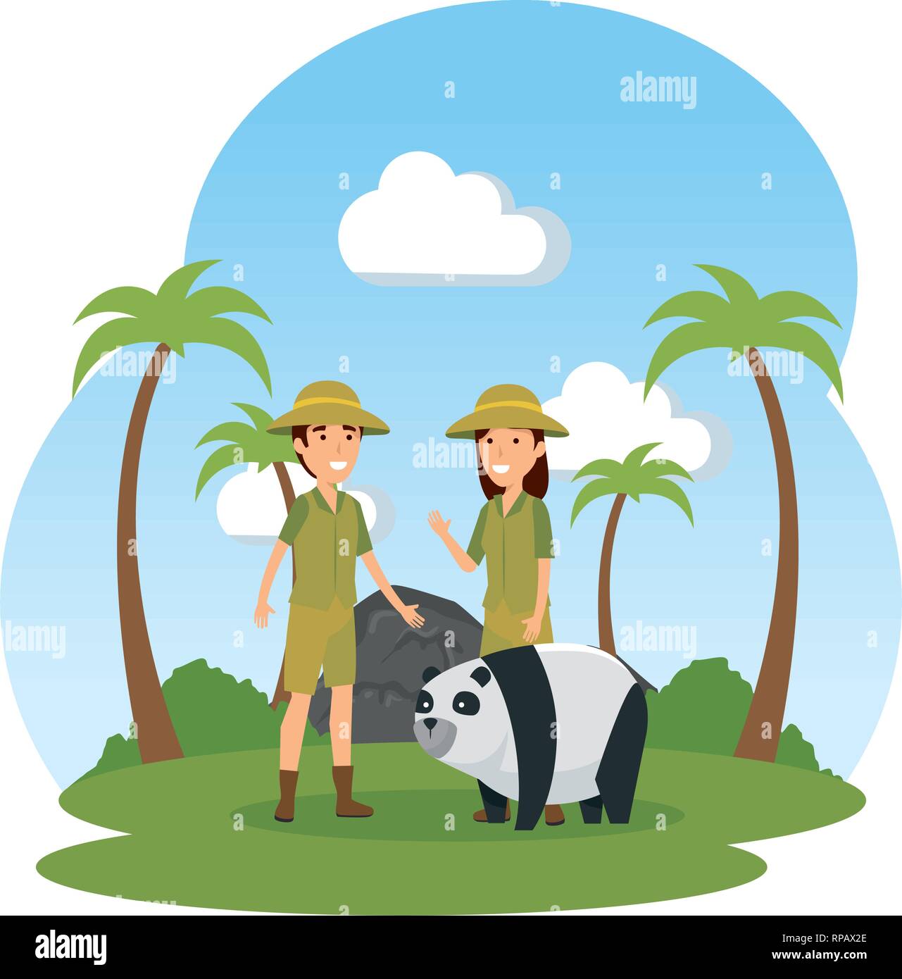 Paio di lavoratori zoo con panda nel campo vector illustration design Illustrazione Vettoriale