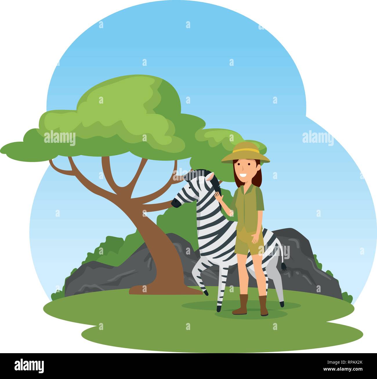 Lavoratore di sesso femminile di zoo con zebra nel campo vector illustration design Illustrazione Vettoriale