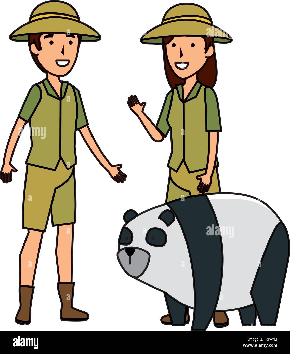 Paio di lavoratori zoo con orso panda illustrazione vettoriale design Illustrazione Vettoriale