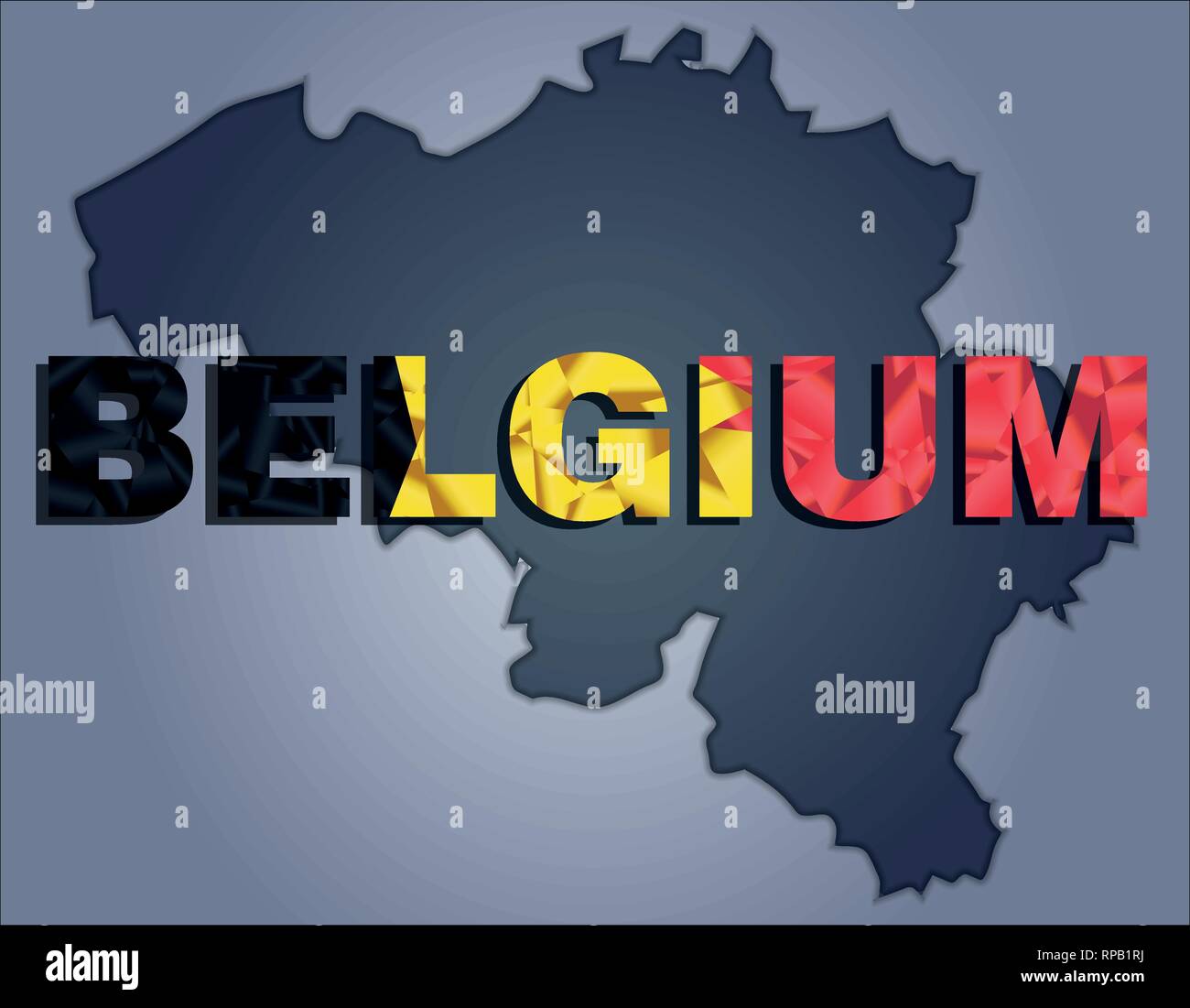 I contorni del territorio del Belgio nei colori grigio e word Belgio nei colori della bandiera oficial, nero, giallo e rosso Illustrazione Vettoriale