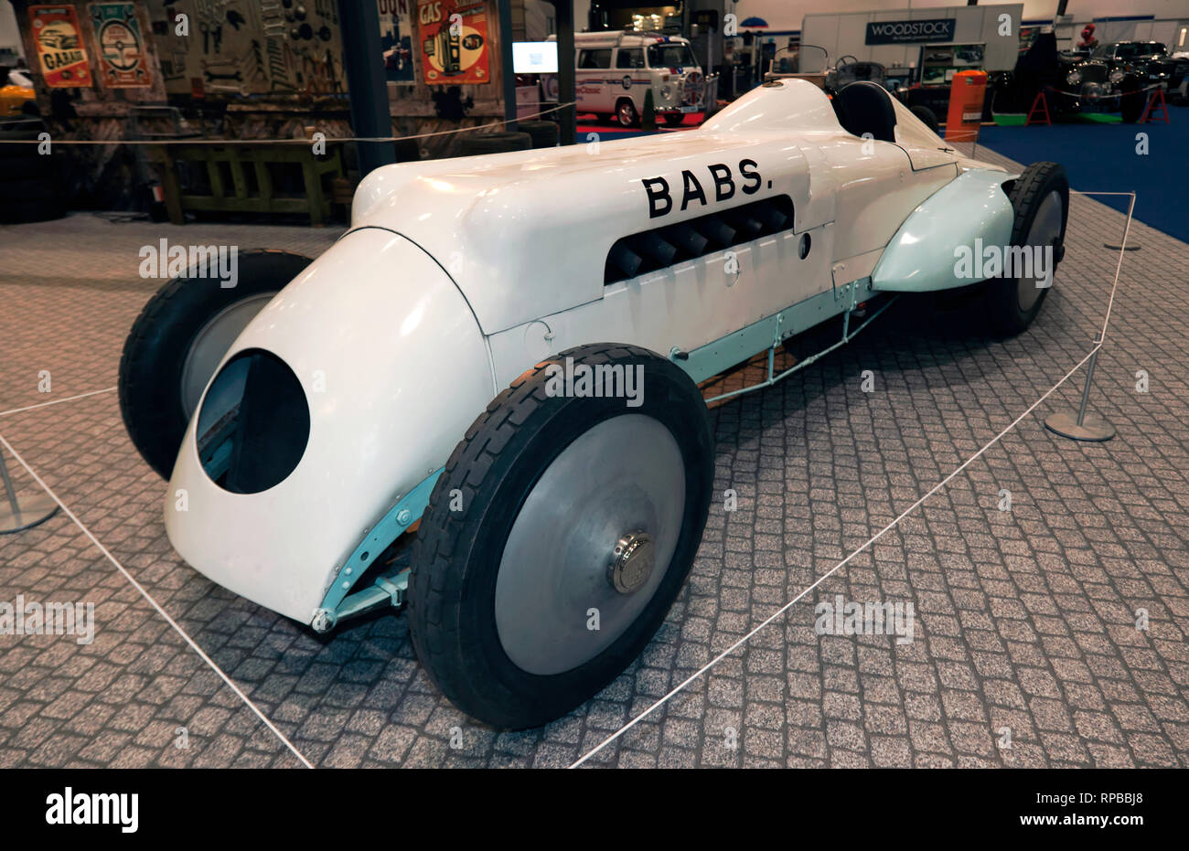 Tre quarti di vista frontale del BAB, un record di velocità su terra auto presso il 2019 London Classic Car Show, in "l'esigenza di velocità', display curata dalla Cina Edd. Foto Stock