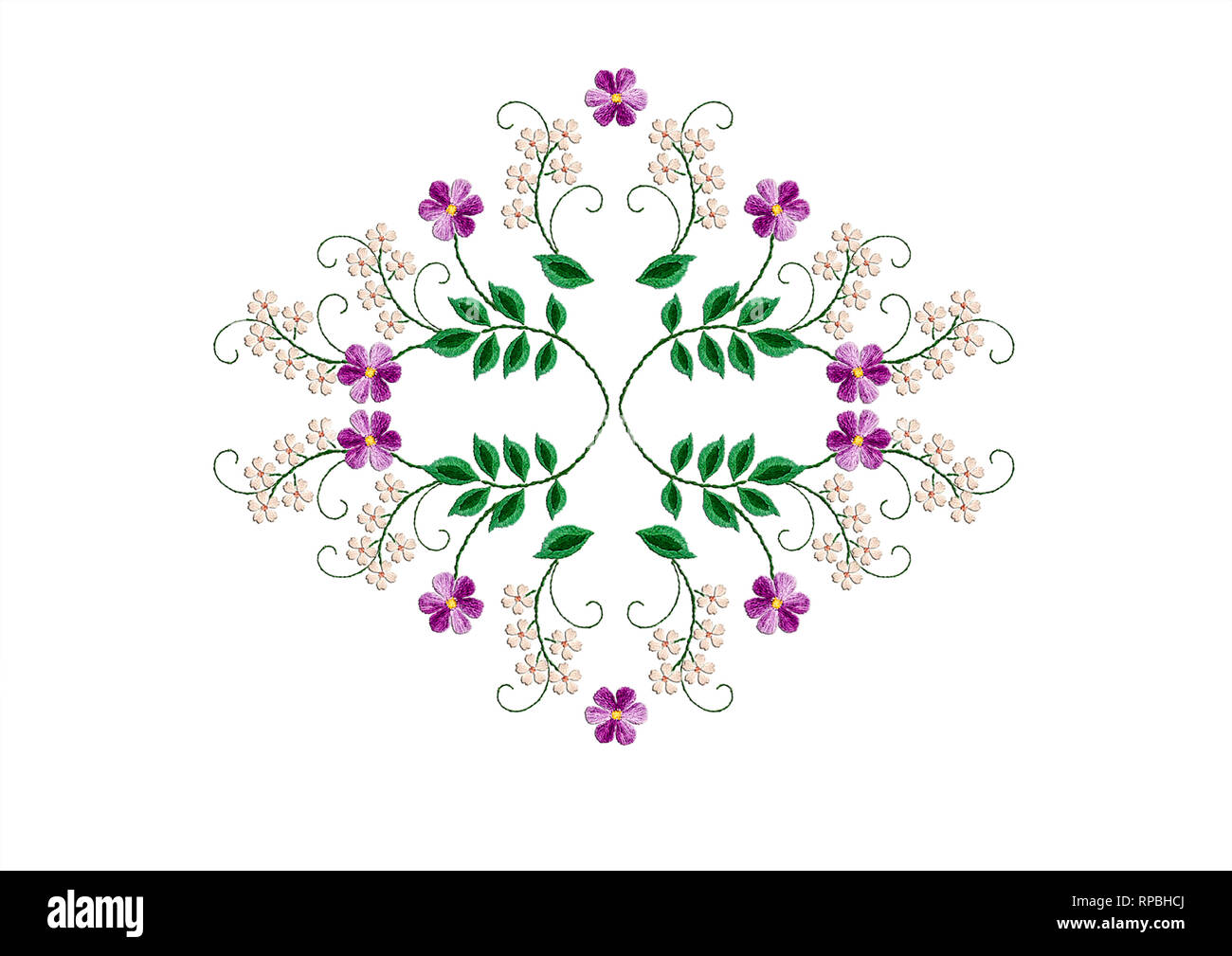 Disegno Ricamo raccolte dai ramoscelli con foglie,con delicati fiori bianchi e violetti delicato su sfondo bianco Foto Stock