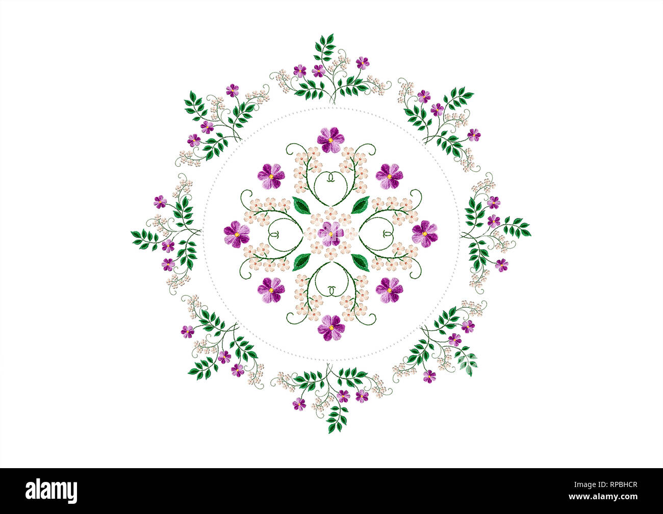 Modello per ricamo ornamento di mazzi con bianco e fiori viola,in una cornice di corona con delicato bouquet su sfondo bianco Foto Stock