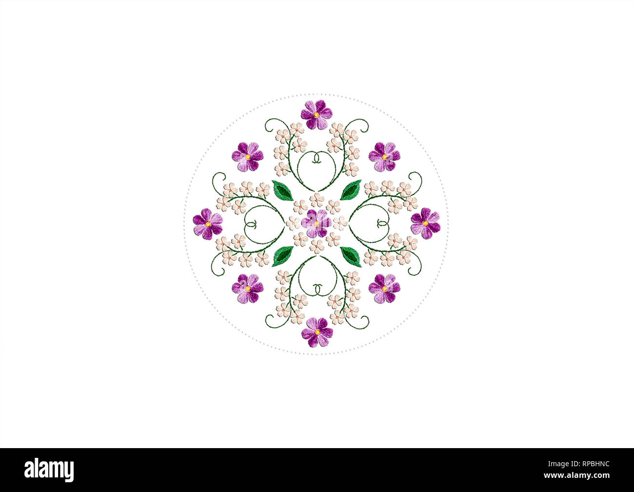 Design per ricamo pattern con mazzi di fiori di delicato bianco e fiori viola in un telaio del tallone su sfondo bianco Foto Stock