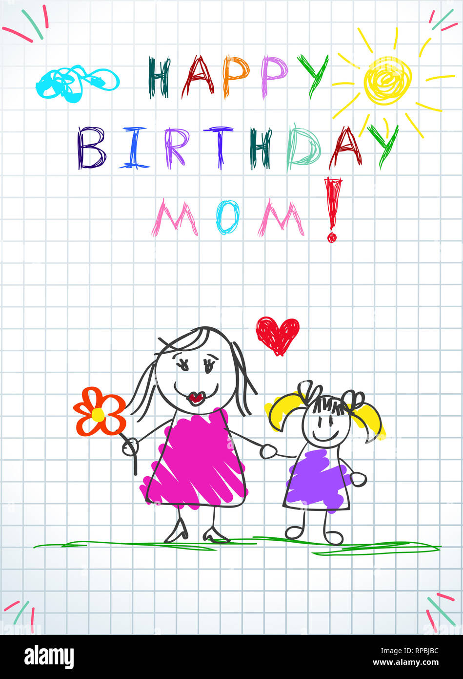 Buon compleanno mom. Bambini colorati disegnati a mano illustrazione della madre e figlia insieme detengono fiori, cuore tra. Taccuino a quadretti del foglio P Foto Stock