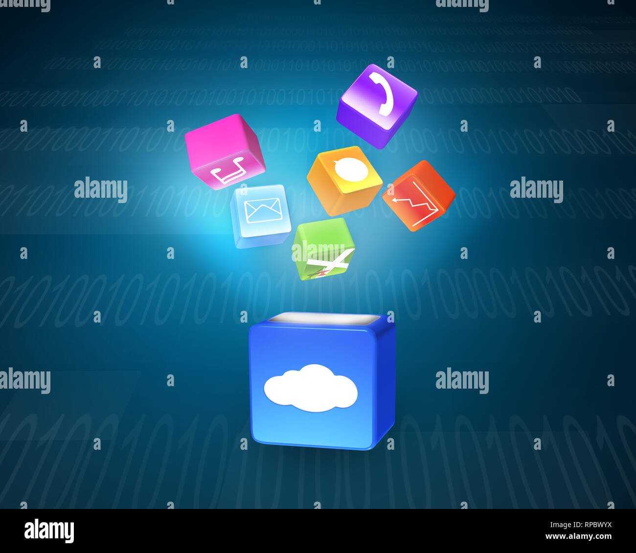 Il Cloud casella colorata illumina le icone delle app galleggiante sul background tecnico Foto Stock