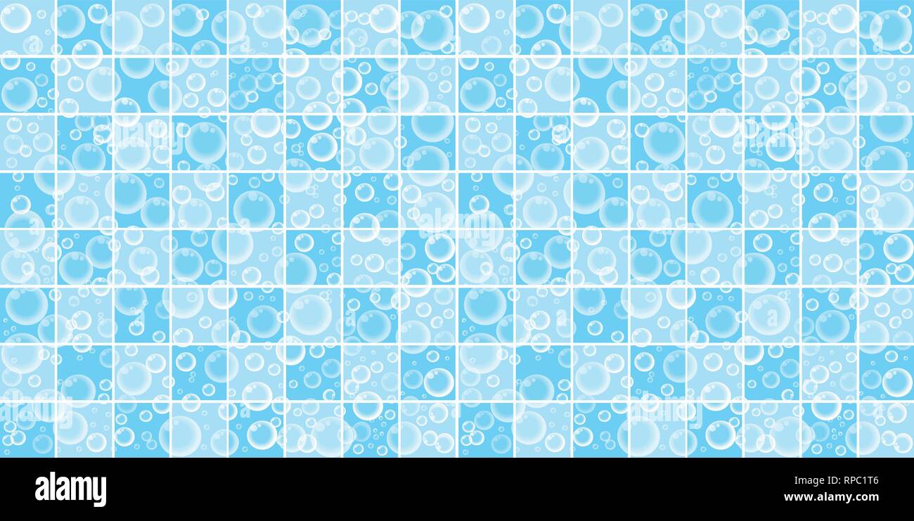 Stilizzata bolle di sapone galleggianti in blu e bianco delle piastrelle in ceramica dello sfondo. Piccole piazze. Bagno, Piscina, Sauna parete mosaico. Bagno e Cucina Illustrazione Vettoriale