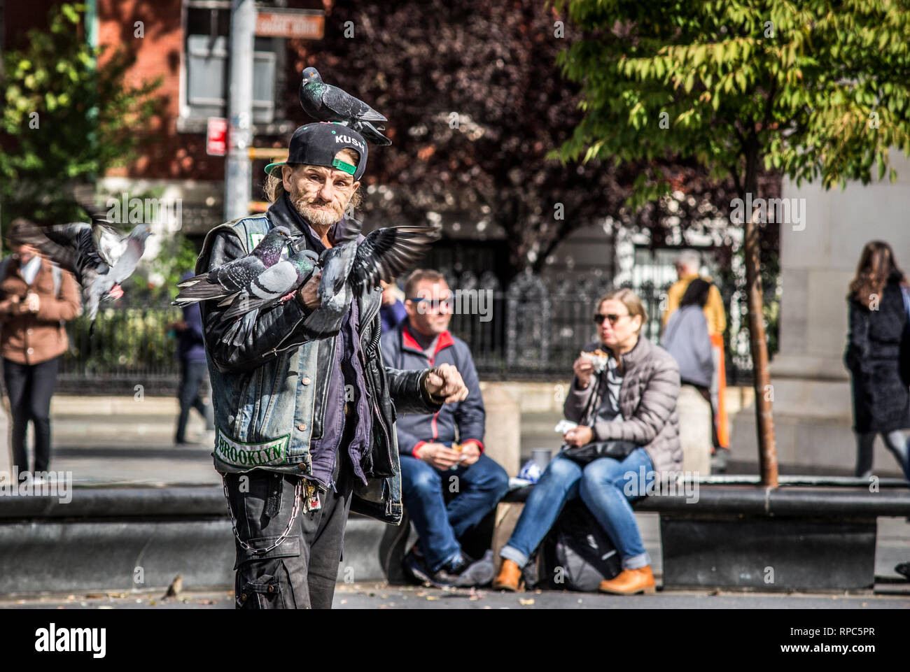 Un vecchio uomo vestito in abbigliamento casual e cappello da baseball con piccioni sul suo braccio e testa in Washington Square Park di New York City Foto Stock