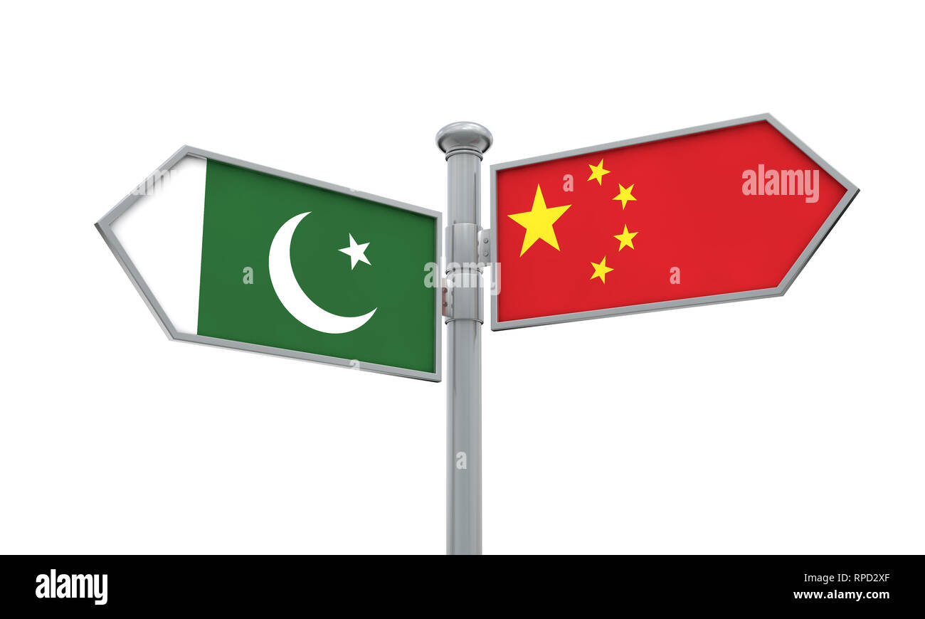 La Cina e il Pakistan bandiera segno muovendosi in direzione diversa. Il rendering 3D Foto Stock