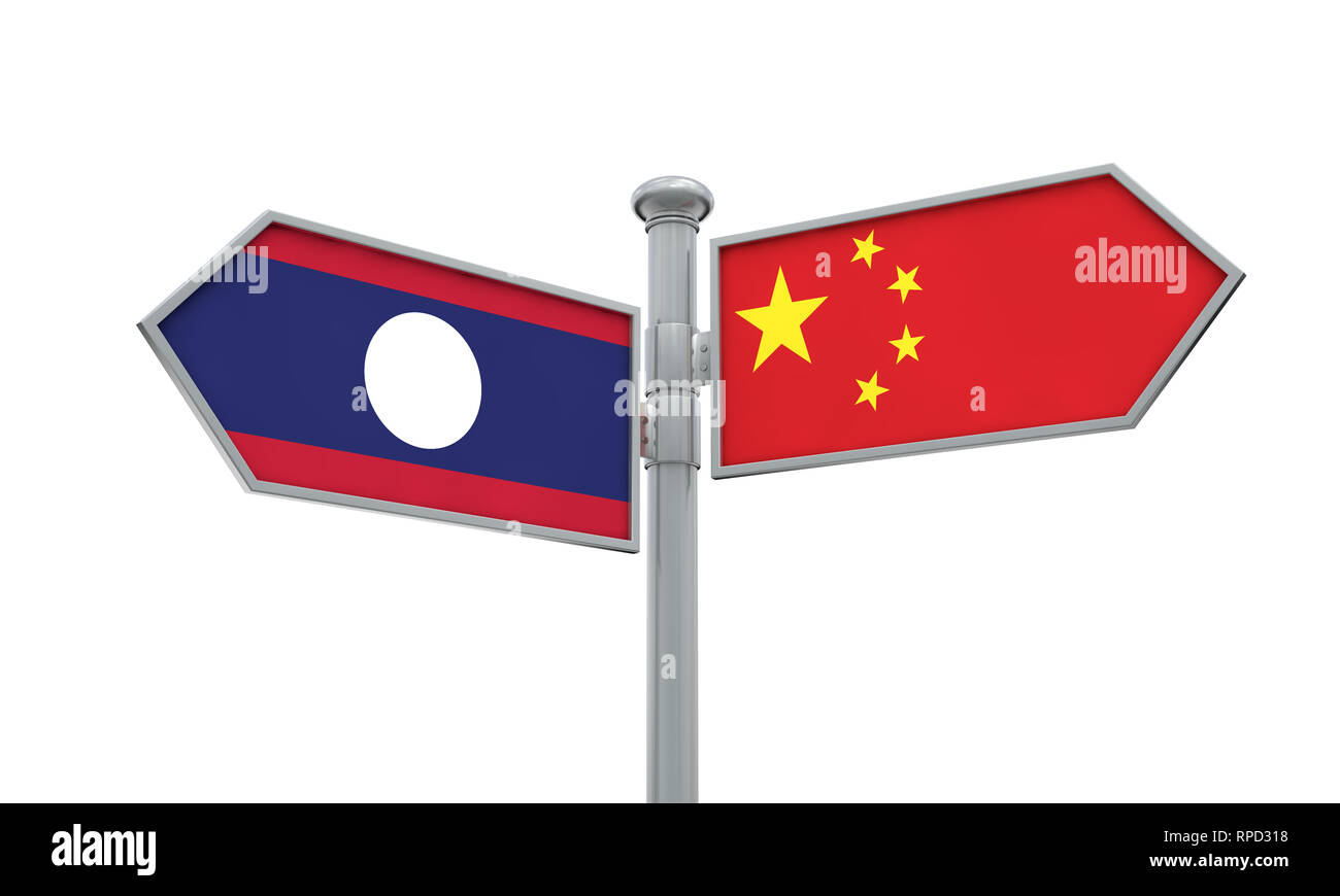 La Cina e il Laos bandiera segno muovendosi in direzione diversa. Il rendering 3D Foto Stock