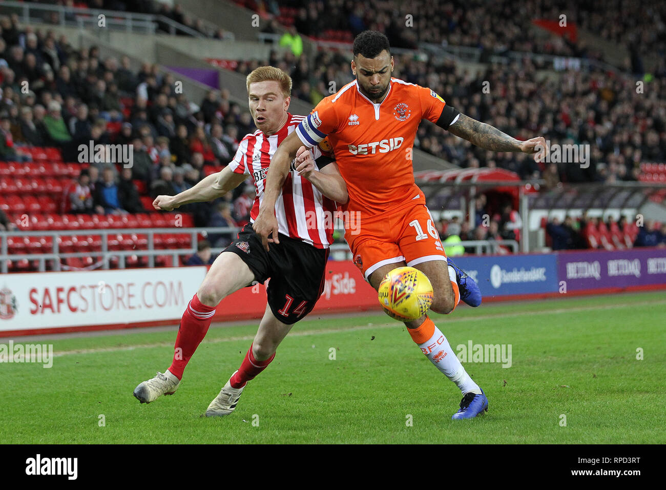 SUNDERLAND, Regno Unito. 12Febbraio. Duncan Watmore di Sunderland e Blackpool inclinazione Curtis durante la scommessa del Cielo lega 1 corrispondenza tra Sunderland e Blackpool allo stadio di luce, Sunderland martedì 12 febbraio 2019. (Credit: Mark Fletcher | MI News) Foto Stock