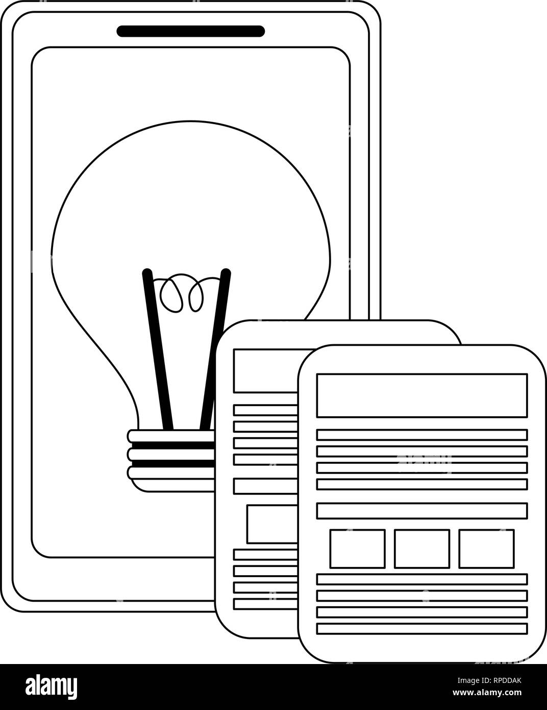 Smartphone con la luce della lampadina e di documenti in bianco e nero Illustrazione Vettoriale