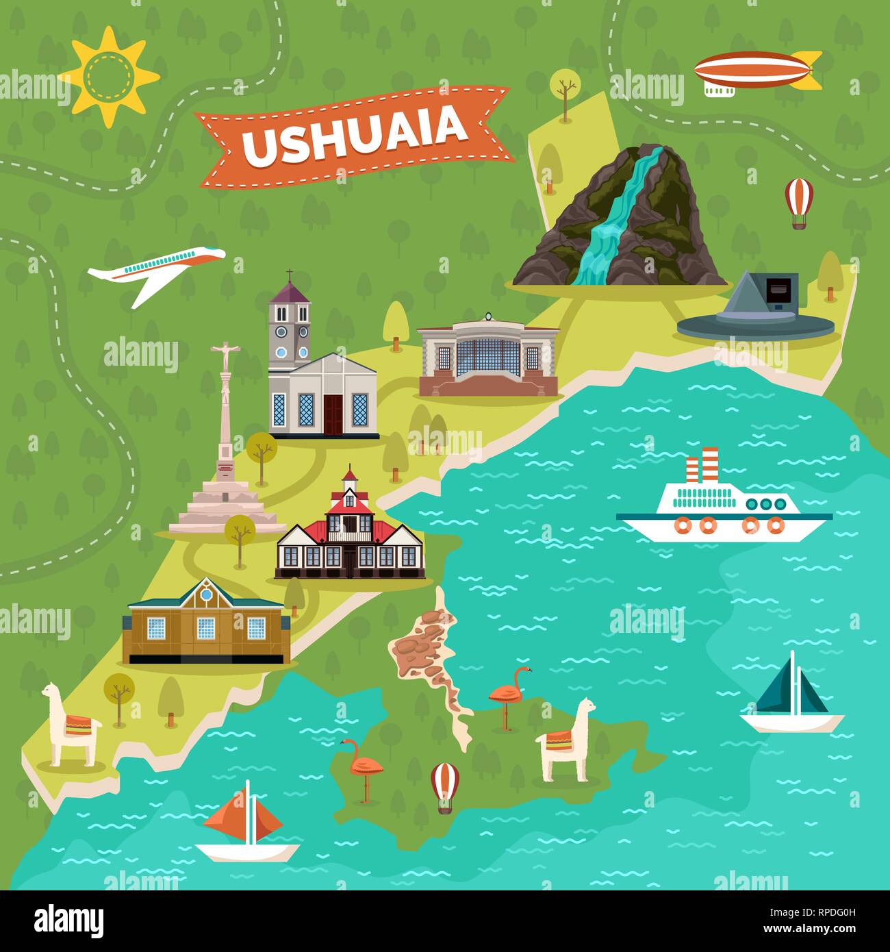 Ushuaia mappa della città con luoghi, landmark pubblicità Illustrazione Vettoriale