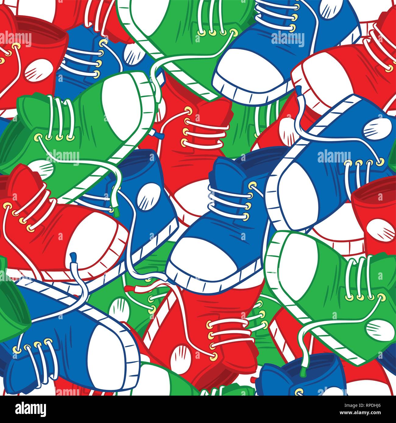 Vector seamless pattern con un set di rosso e blu sport sneakers. Illustrazione Vettoriale