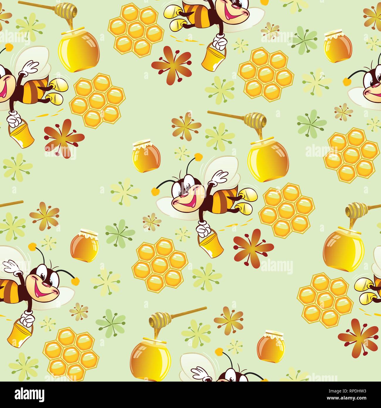 La figura riportata di seguito mostra un vettore seamless pattern divertente con le api, che sono la raccolta di miele, sullo sfondo fiori e favi. Illustrazione d Illustrazione Vettoriale