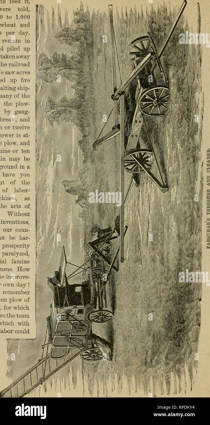 . American agricoltura e allevamento del bestiame, con fatti utili per la casa, dedicato all'agricoltura in tutti i suoi servizi. L'agricoltura. 280 agricoltori americani. cavallo-forche di alimentazione e ci hanno detto, trebbiati da 800 a 1.000 bushel di grano e mettere in sacchetti al giorno. Questi sacchetti rimangono nel campo Apri ammucchiati in righe fino a prese di distanza da parte di squadre per le stazioni ferroviarie. Abbiamo visto gli acri di buste impilate 5 sacchi ad alta in attesa di nave- mento. Su molte delle grandi aziende agricole, l'aratro- ing è fatto da pista- aratri, sei il passo, e disegnata da dieci o dodici cavalli. Un seminatore è at- tached all'aratro, e in questo modo ni Foto Stock